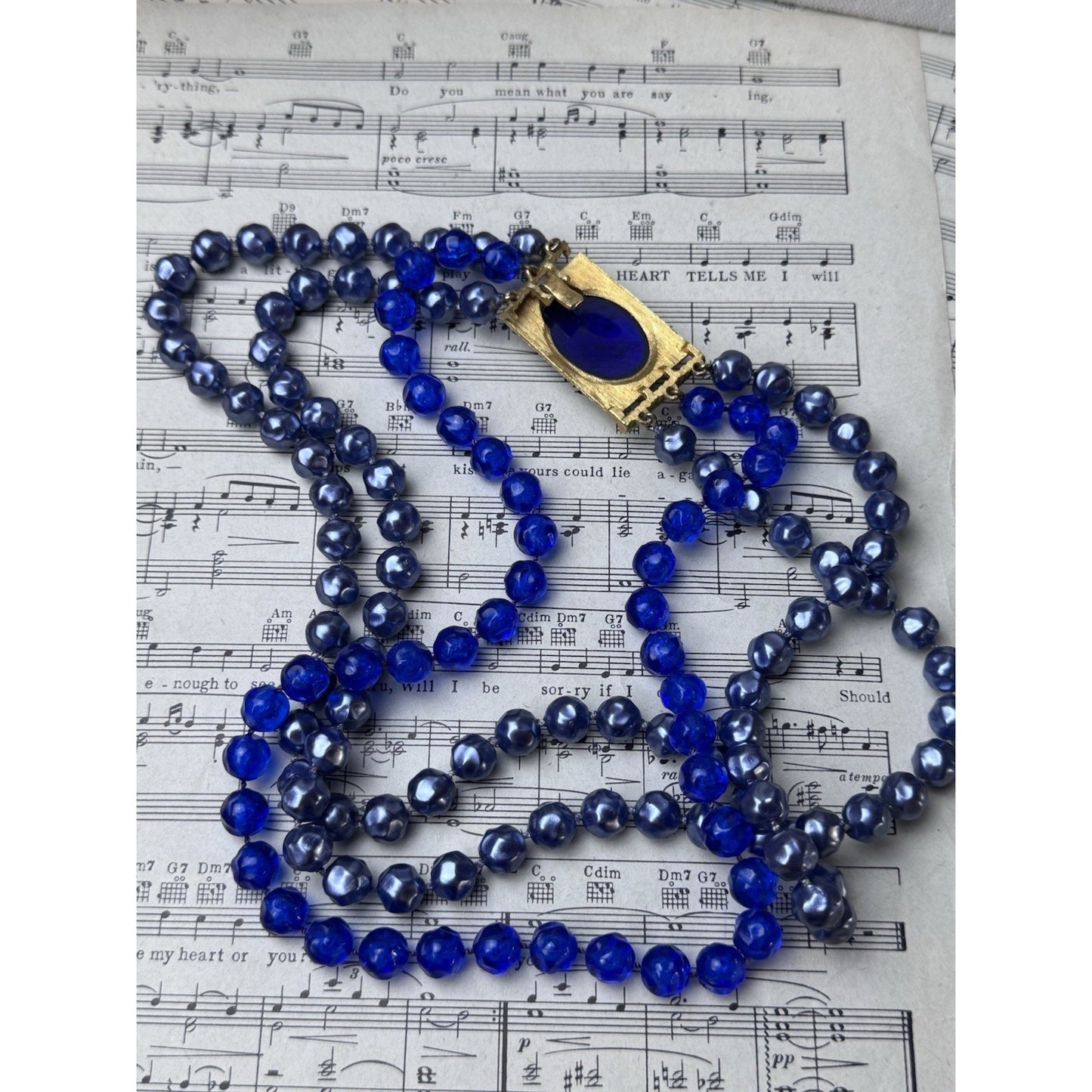 Vintage Blue Lucite Beaded Necklace Goldtone 3 Strand Statement 20”