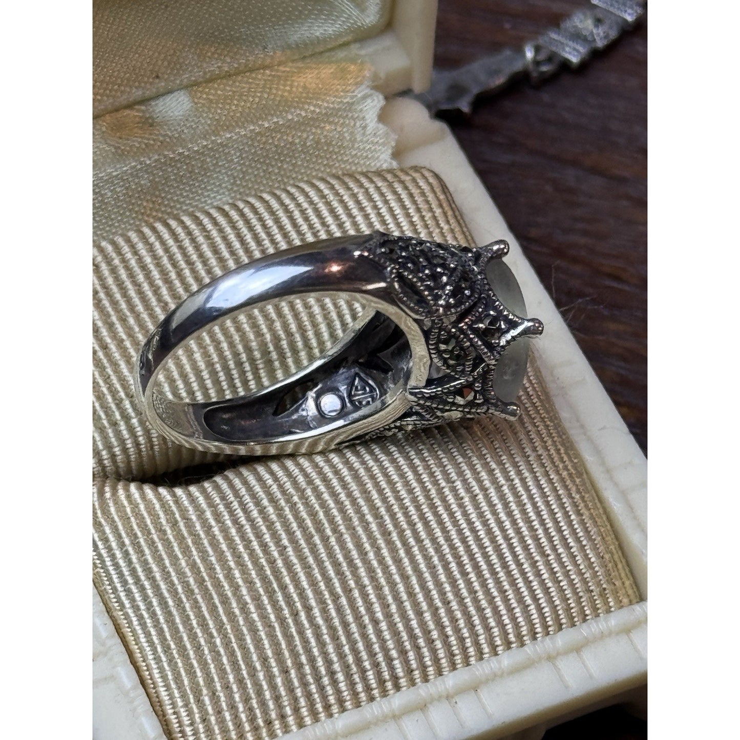 Sterling Silver Camphor Glass Marcasite Ring Size 6.75 Art Deco Style