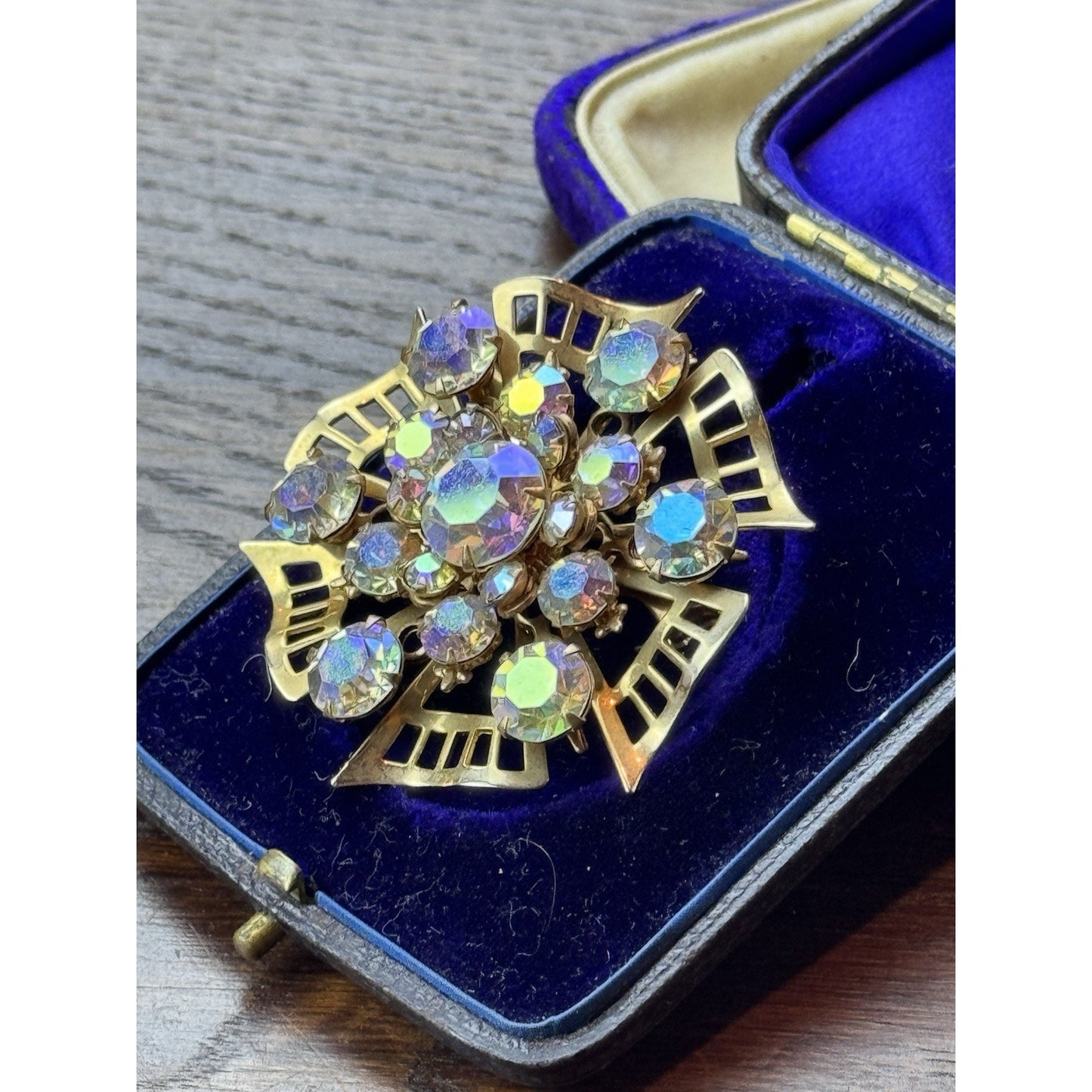 Vintage AB Rhinestone Brooch Goldtone Atomic Starburst 2”