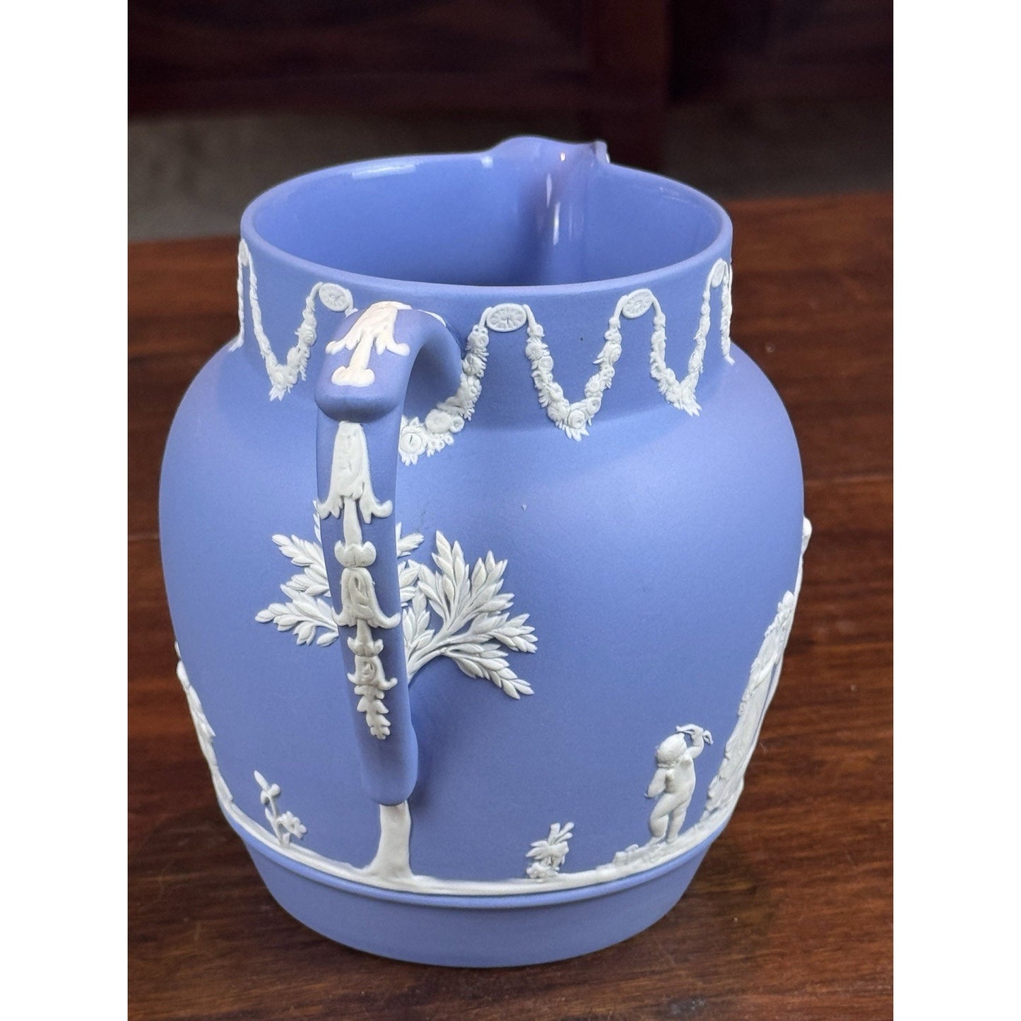 Vintage Wedgwood Jasperware Pitcher Blue White Classical Figures England 5”