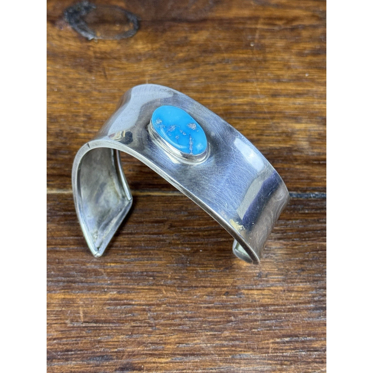 Sterling Silver Cuff Bracelet Blue Stone Wide Modernist Style 6.75” Wrist Size