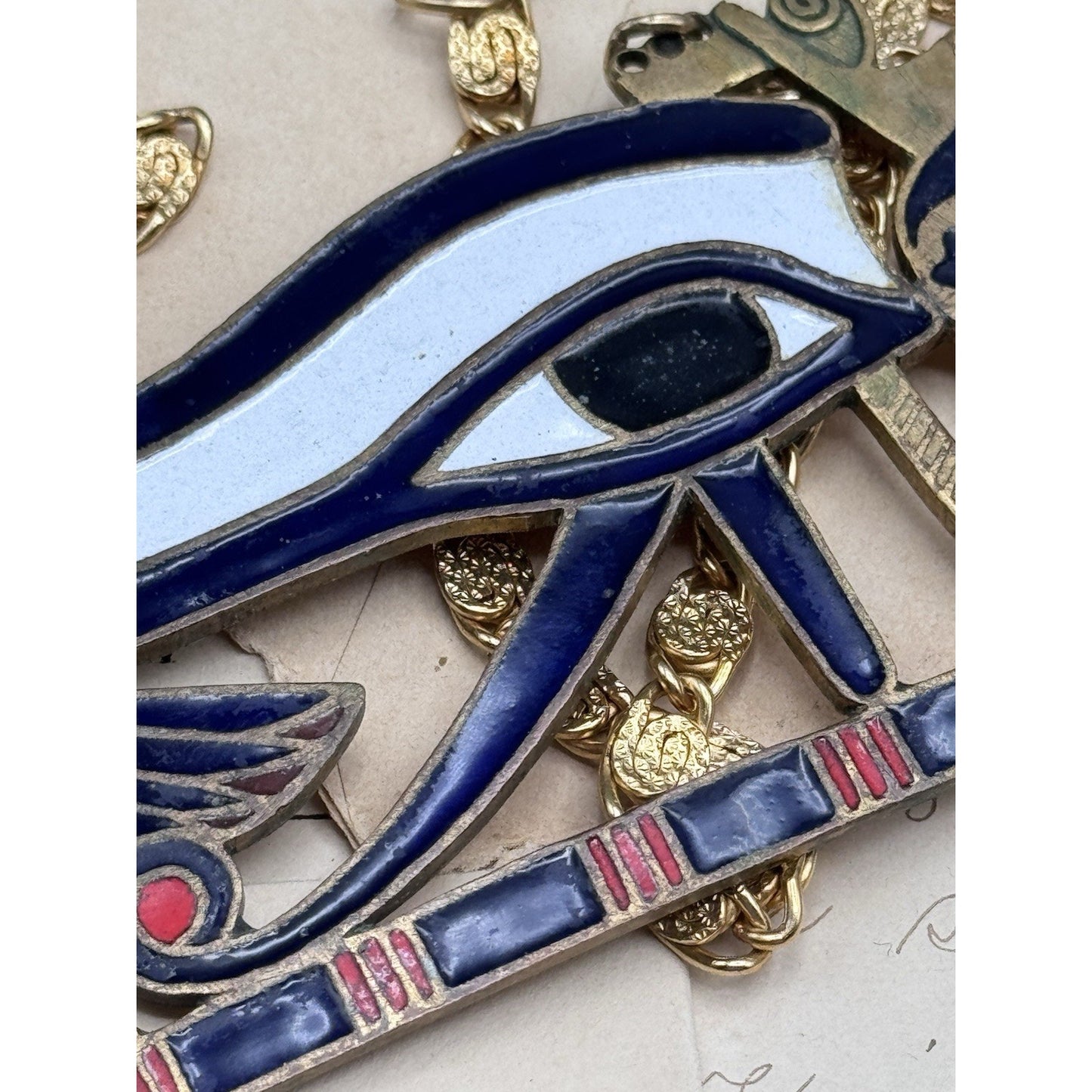 Vintage Egyptian Revival Eye of Horus Enamel Brass Statement Necklace 24”