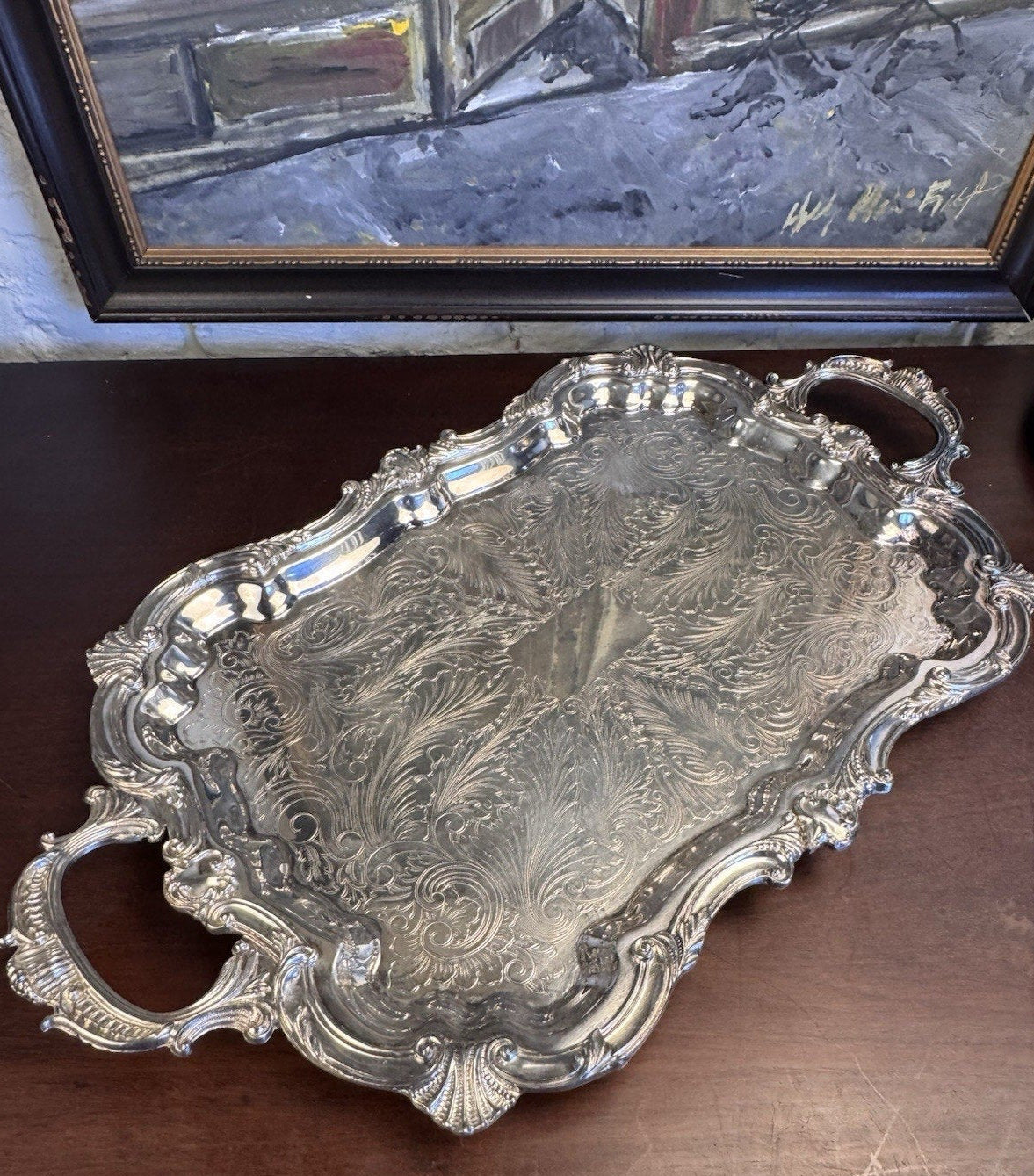 Silverplate Serving Tray Footed Handled Shell Motif Large Decorative