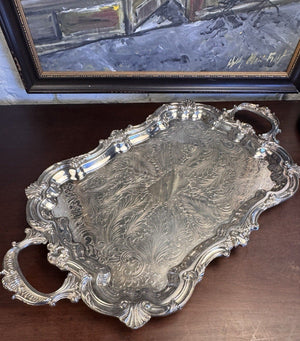 Silverplate Serving Tray Footed Handled Shell Motif Large Decorative