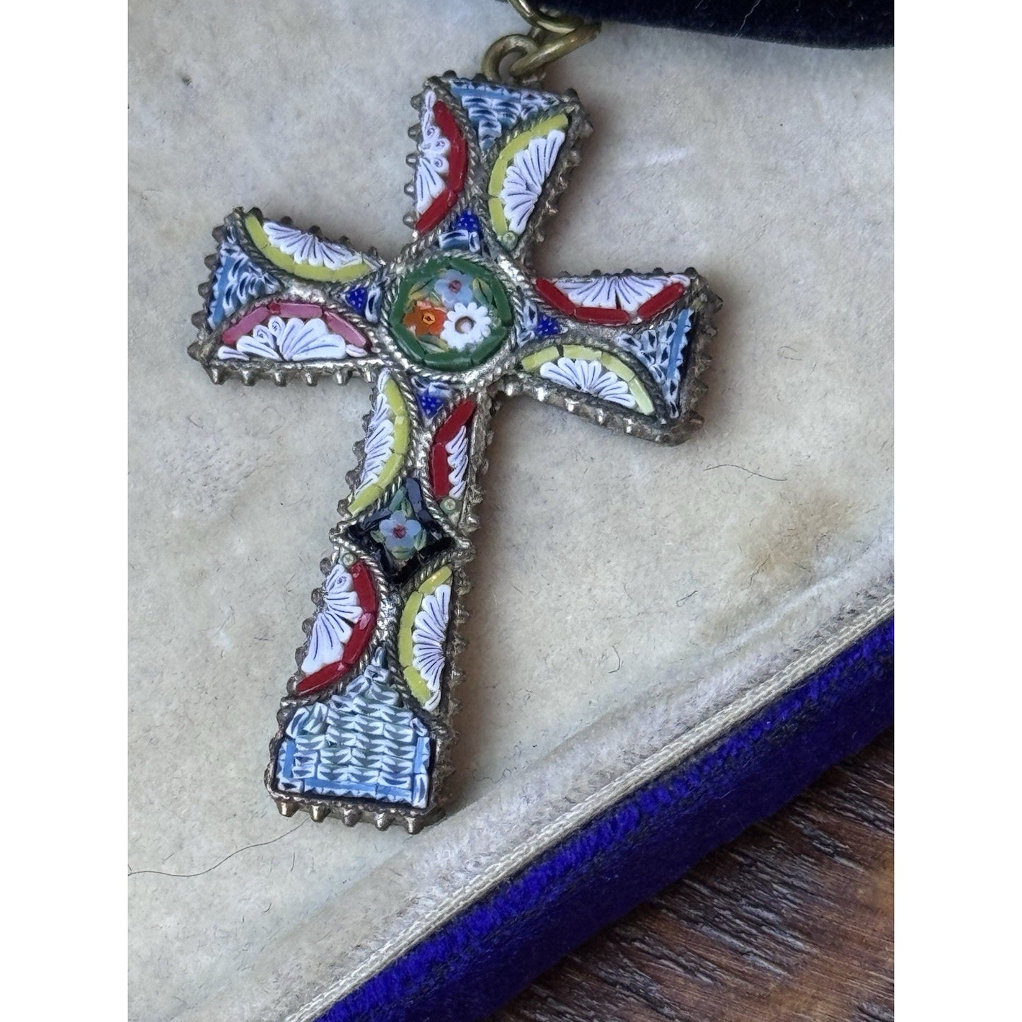 Antique Cross Italian Micro Mosaic Pendant Blue Velvet Ribbon Floral 1.5”