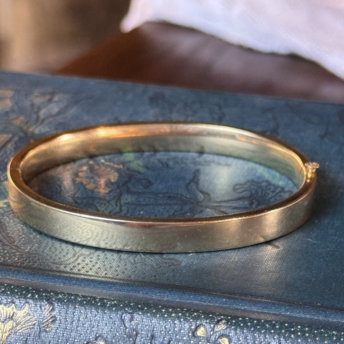 Gold-Filled Bangle Bracelet Engraved Leaf Design No Monogram Signed WEH GF 6.75”