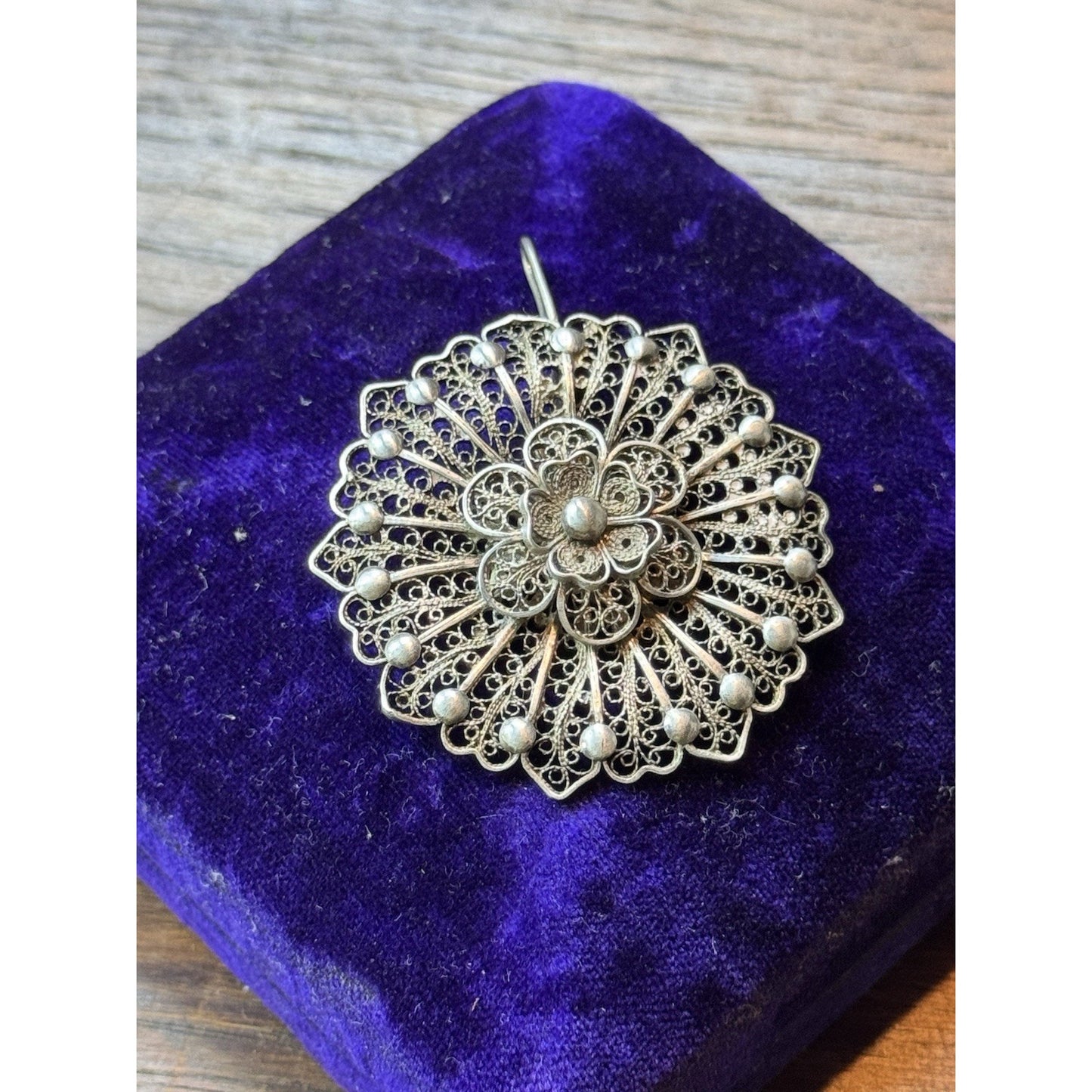 Vintage Silver Filigree Flower Pendant Tested Silver 1.75” Statement Jewelry