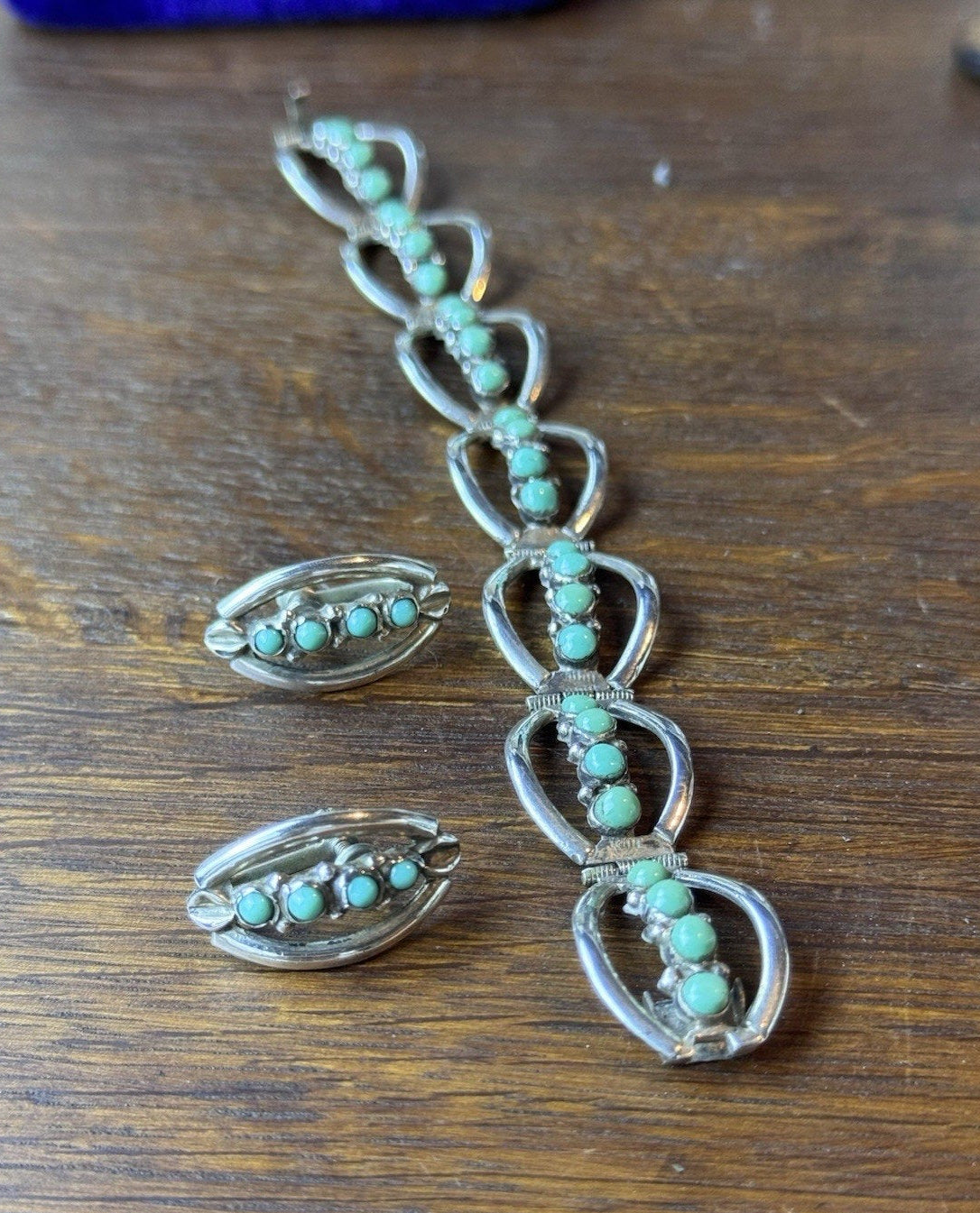 925 Bracelet Earrings Set Sterling Silver Green Cabochons Handmade ARTISAN