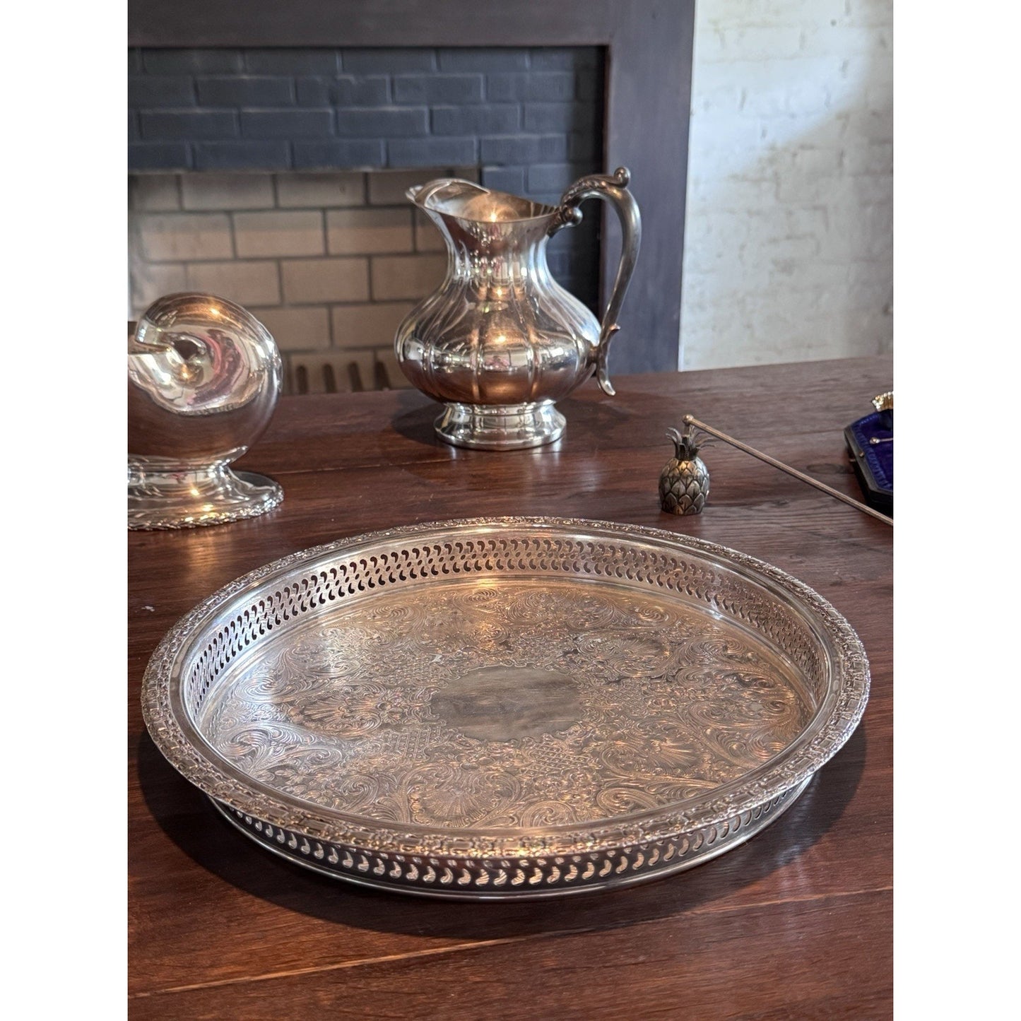 Silverplate Gallery Tray 12” Round Camelot Pattern IS Silver Ornate Serving Tray