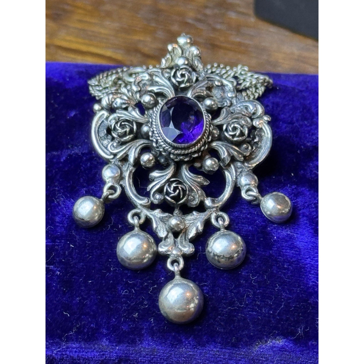 PERUZZI 800 Silver Florence Pendant Brooch Renaissance Revival Purple Stone
