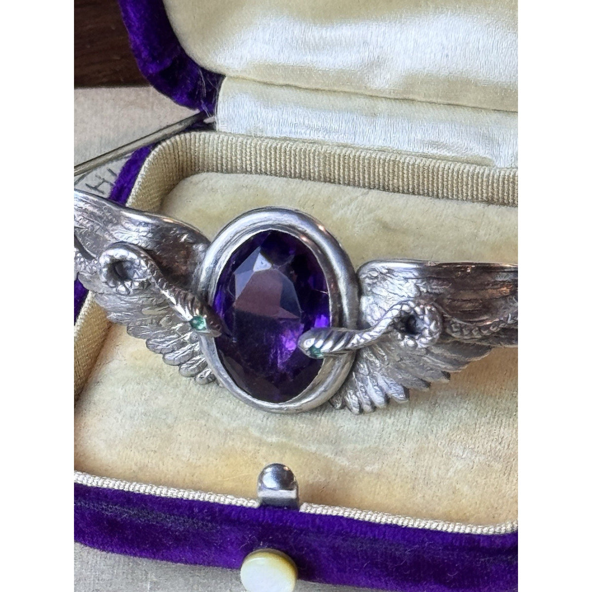 Sterling Isis Brooch Egyptian Revival Purple & Green Stones 3” x .75”