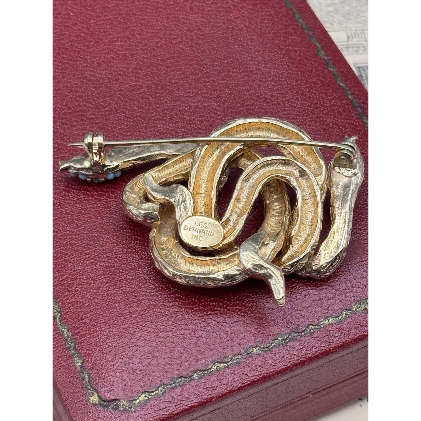 Les Bernard Snake Brooch Goldtone Serpent Blue Cabochon 2” Signed Inc Vintage