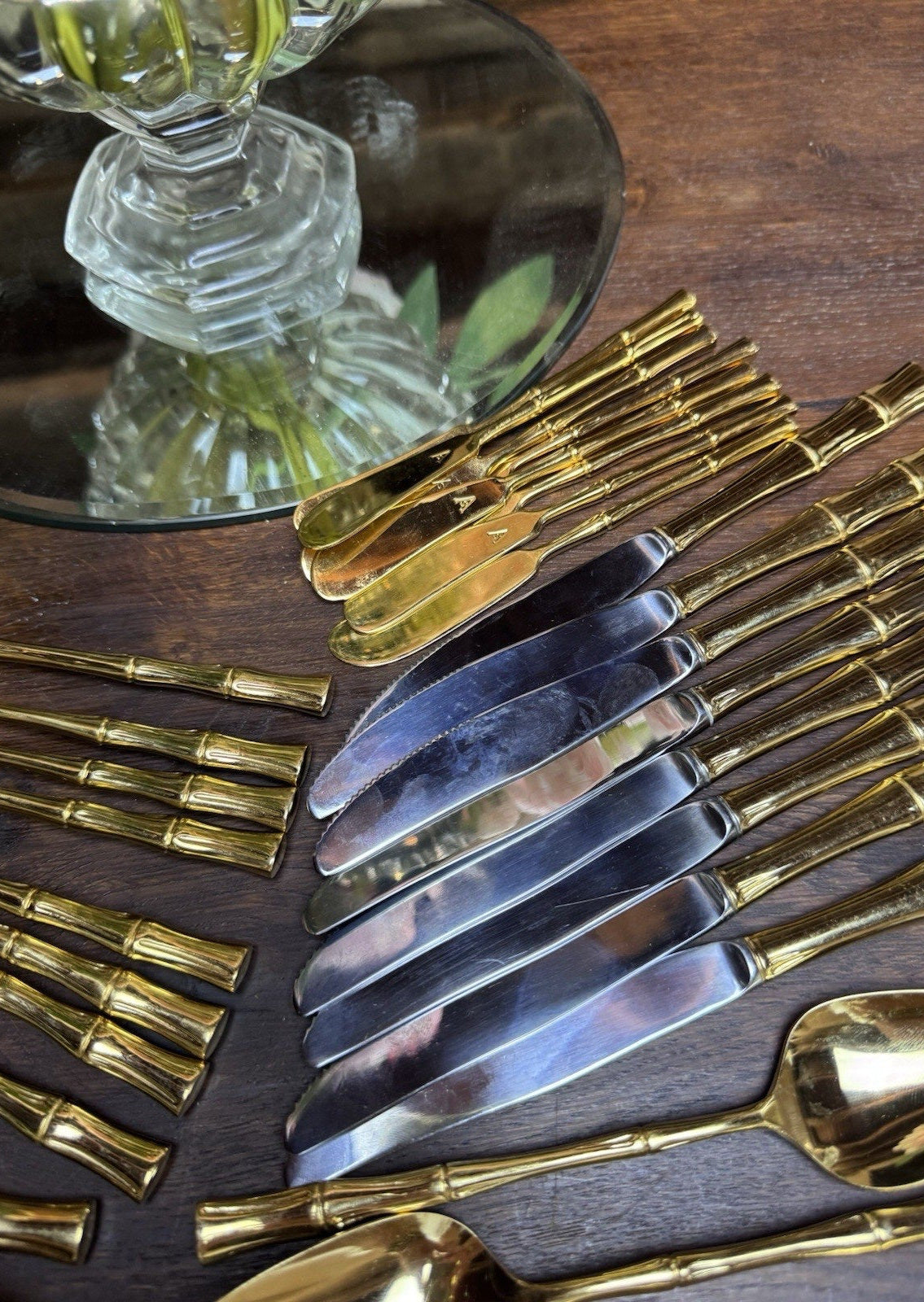 Vintage Bamboo Flatware Set Signed VS Gold Plated– 58 Pieces