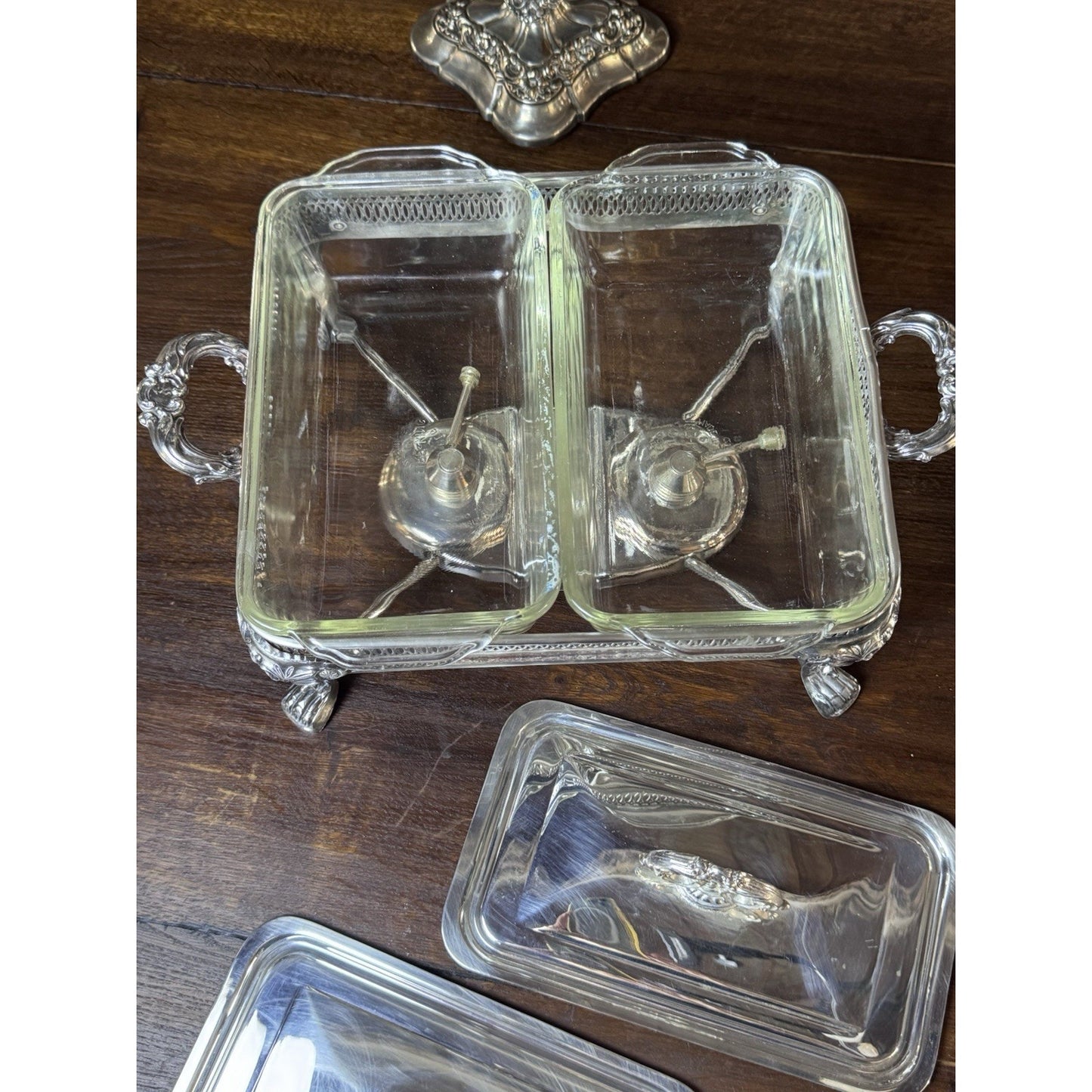 Silverplate Double Chafing Dish Warmer with Two Fire-King 1 Qt Covered Dishes
