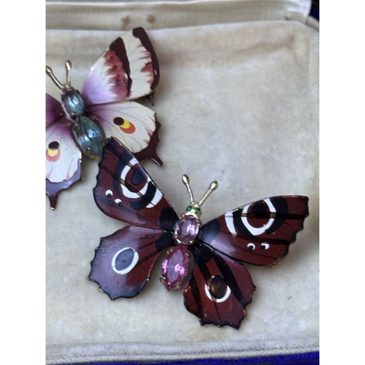 Vintage Butterfly Brooch Pair Hand Painted Enamel Rhinestone Moth Pins 1.75”