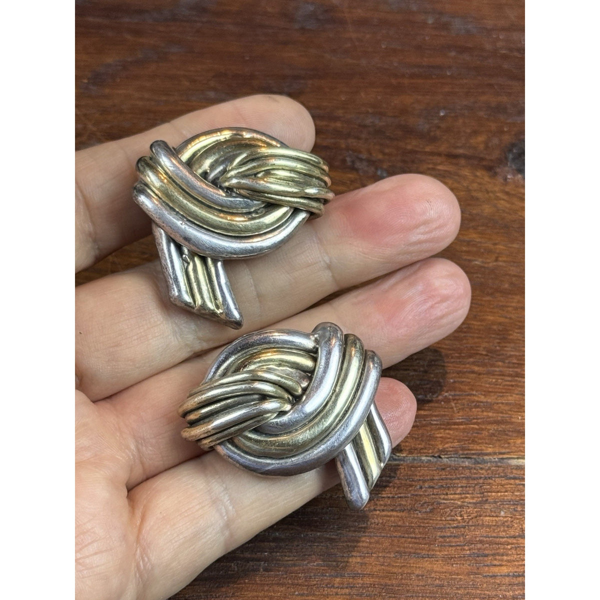 Vintage 925 Sterling Silver Two-Tone Knot Clip-POST Earrings Statement 1.5”