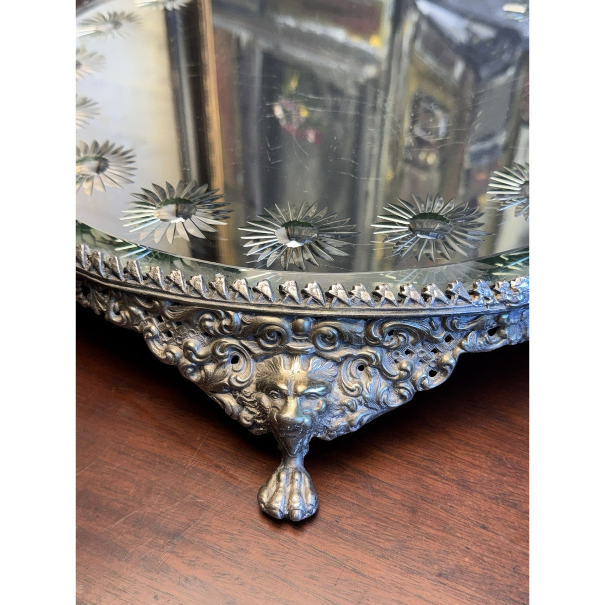 Mirror Plateau Ornate Silvertone Lion Head Paws Beveled Round Top SCRATCHED