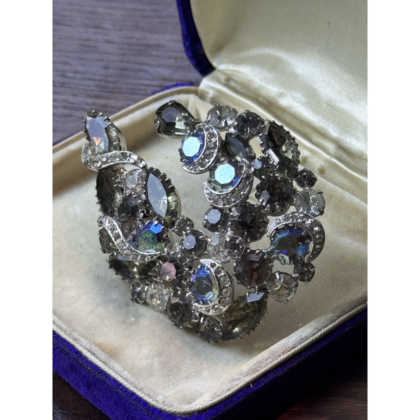Vintage Rhinestone Brooch 2.5” Smoky Gray Aurora Borealis Crescent Statement