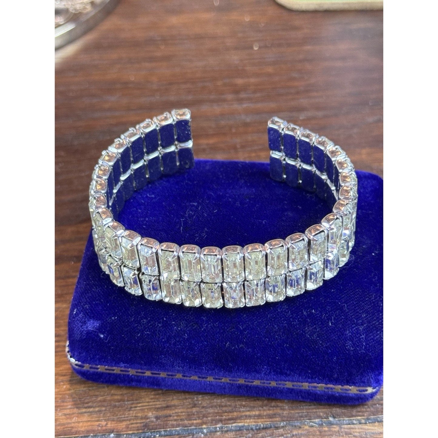 Weiss Rhinestone Cuff Bracelet Baguette Crystal Silvertone Signed 7” VINTAGE