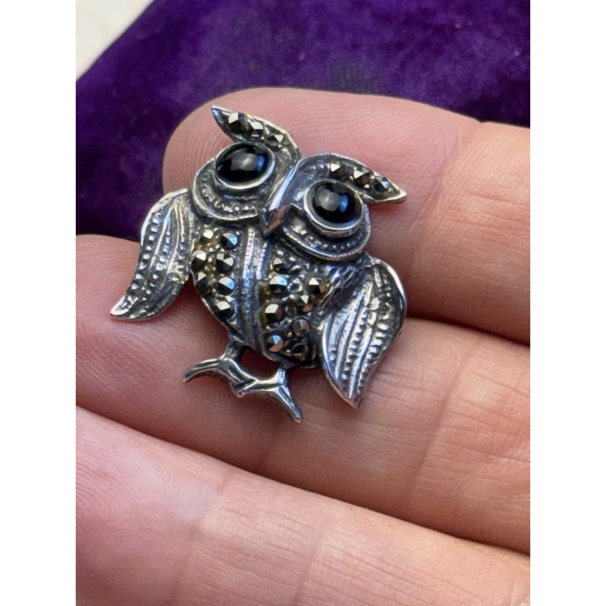 Owl Brooch Sterling Silver Marcasite Black Onyx Eyes Detailed Bird Pin 1”