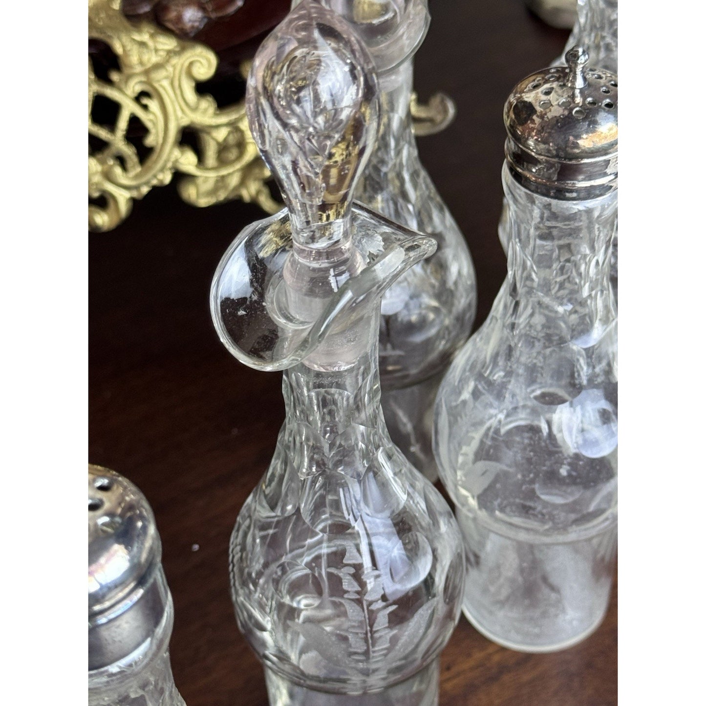 Antique Rogers Smith Silverplate Cruet Set Etched Glass 6 Bottles 13.5” Tall