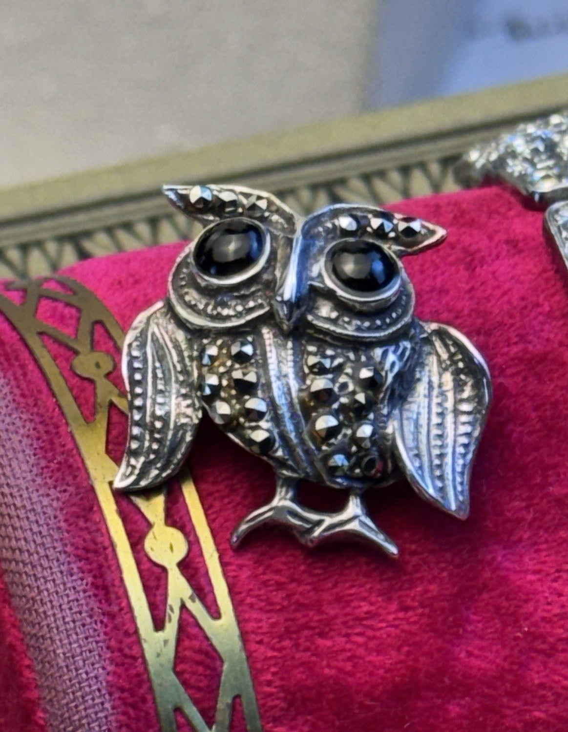 Owl Brooch Sterling Silver Marcasite Black Onyx Eyes Detailed Bird Pin 1”