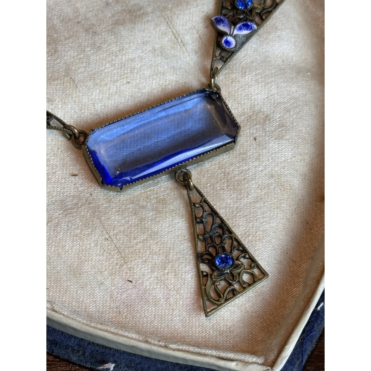 Antique Czech Necklace Blue Glass Enamel Brass Filigree Art Deco 15.5” L