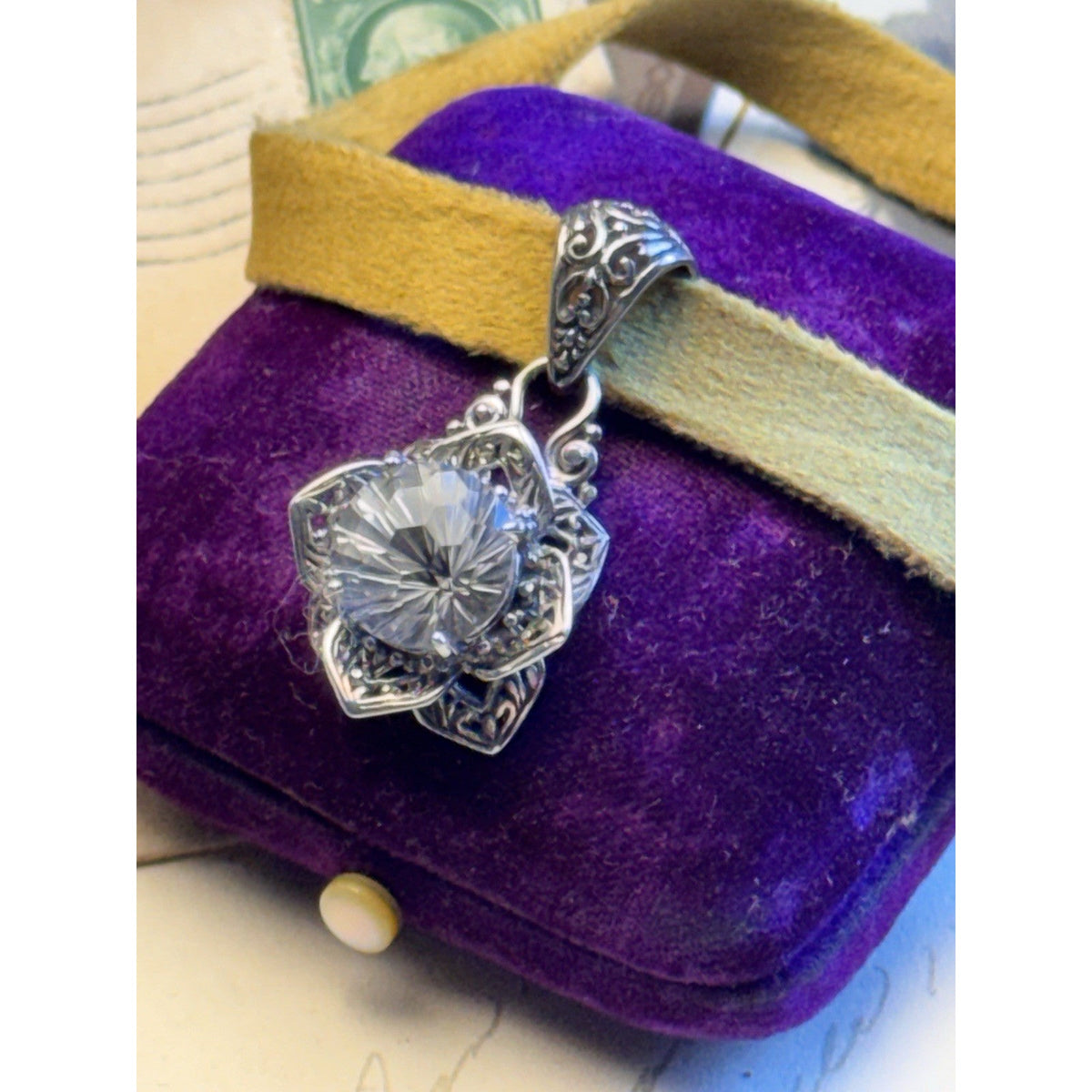 SARDA Sterling Silver 925 Floral Pendant Clear Faceted Stone Velvet Ribbon 1.5”