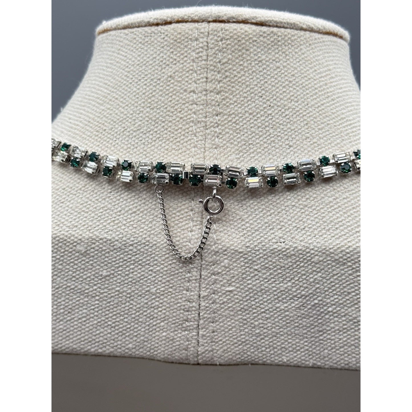 Schoffel Austria Necklace Green Clear Rhinestone Signed Vintage 15.5”