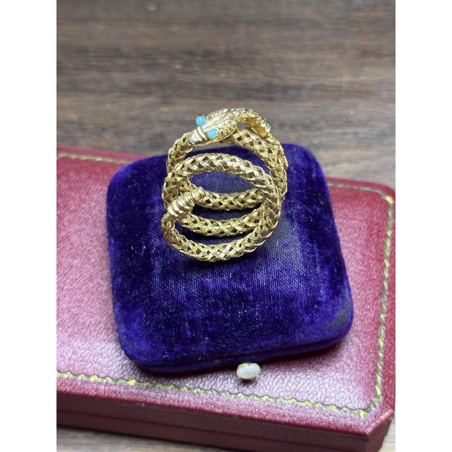 Vintage Goldtone Snake Wrap Ring Light Blue Eyes Woven Mesh Serpent Adjustable