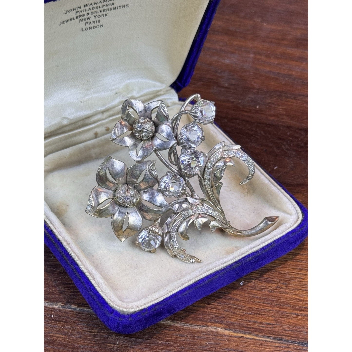 Vintage Brooch Silver-Goldtone Floral Clear Rhinestone Flower Spray Large 3”
