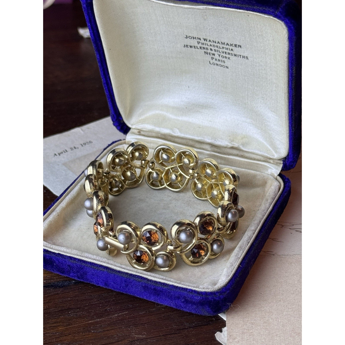 Trifari Bracelet Faux Pearl Brown Rhinestone Goldtone Signed 6.5” Vintage