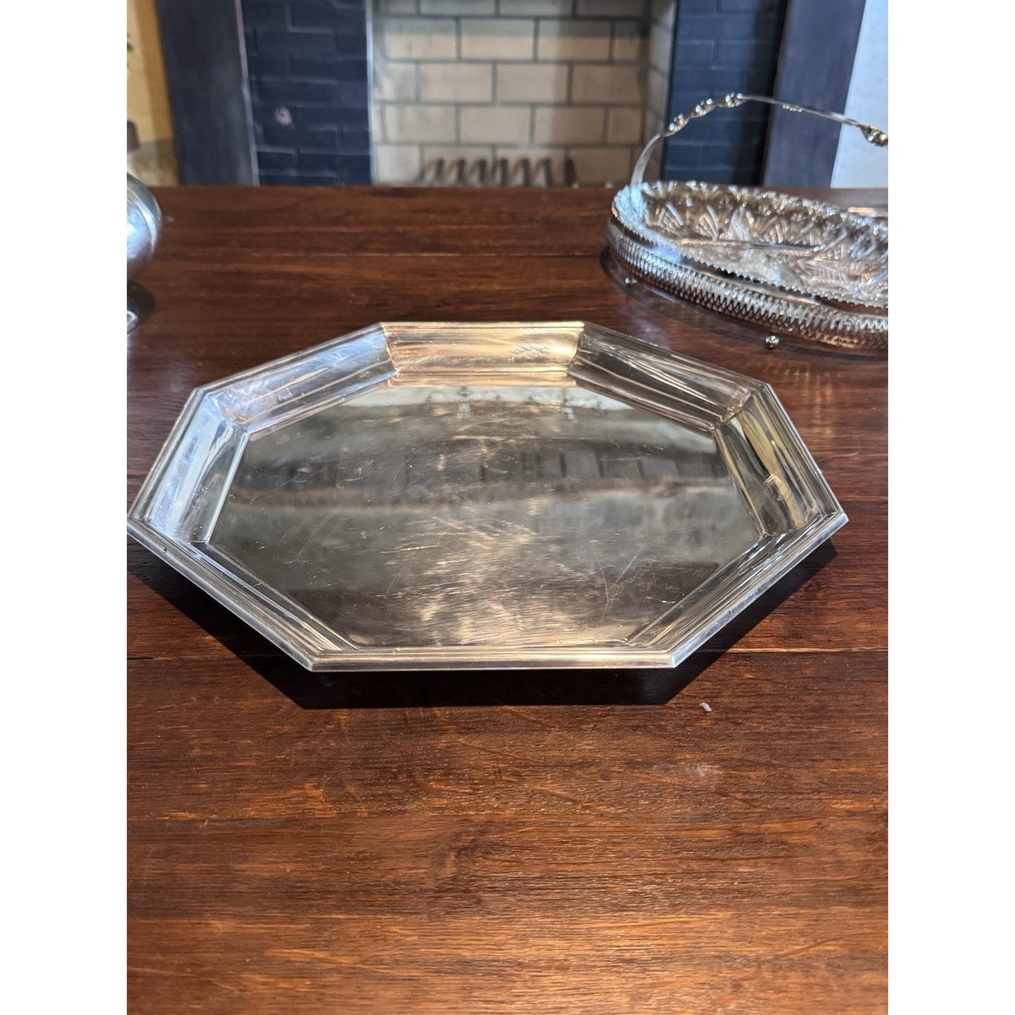 Silverplate Octagonal Serving Tray Butler Tray 13.5” Vintage Tea Coffee Tray