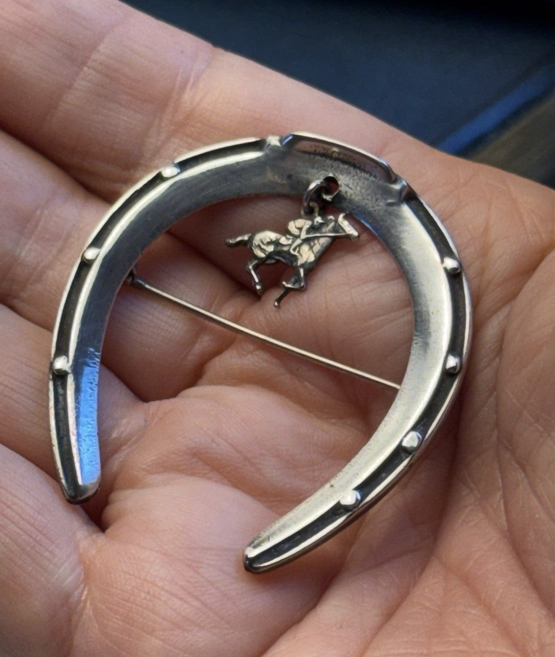 Sterling Brooch Horseshoe Horse Jockey Dangle Equestrian Racing Vintage 2”