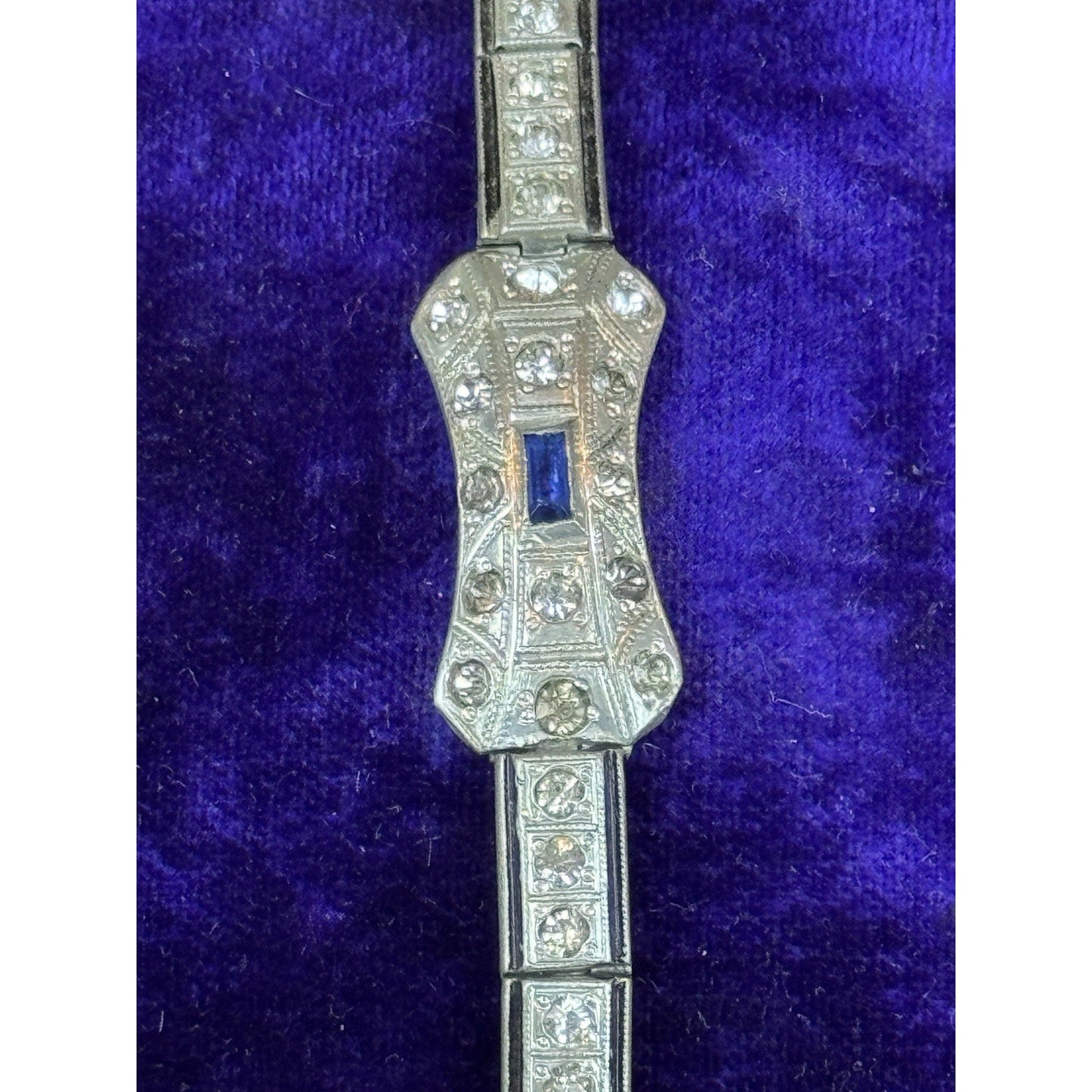 NOV-E-Line Bracelet 6” 1920s Art Deco Silvertone Rhinestone Blue Glass