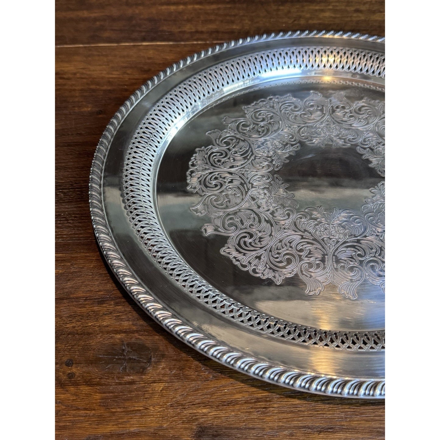 Silverplate Round Tray Reticulated 14.5” WM Rogers Engraved Serving Platter M