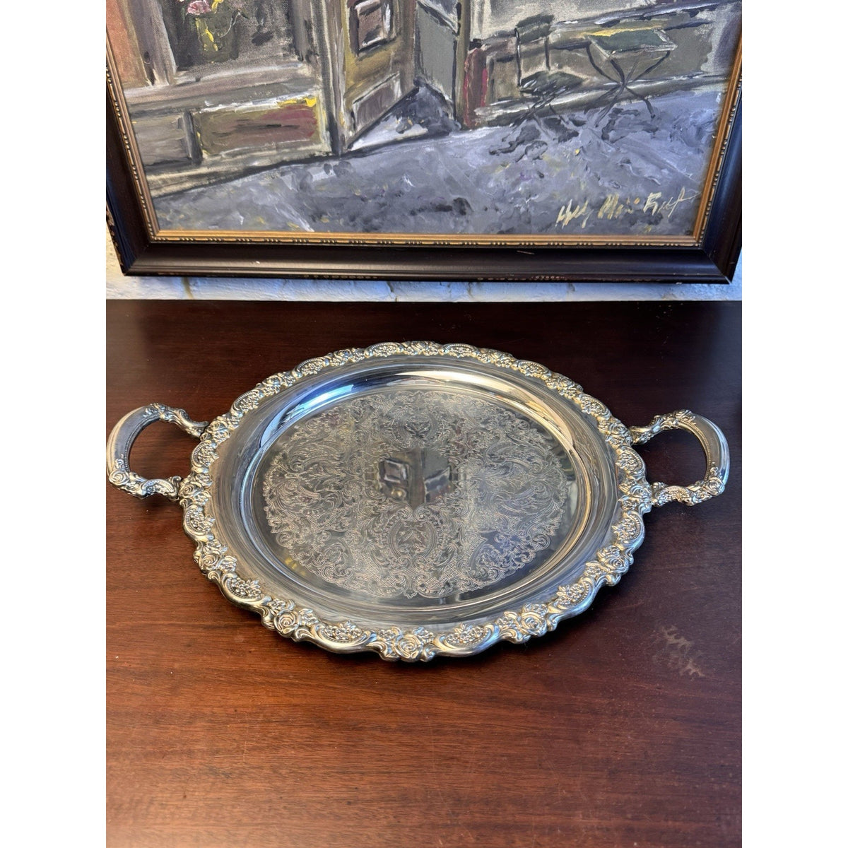 Silverplate Round Serving Tray Rose Border Handled Elegant Tableware