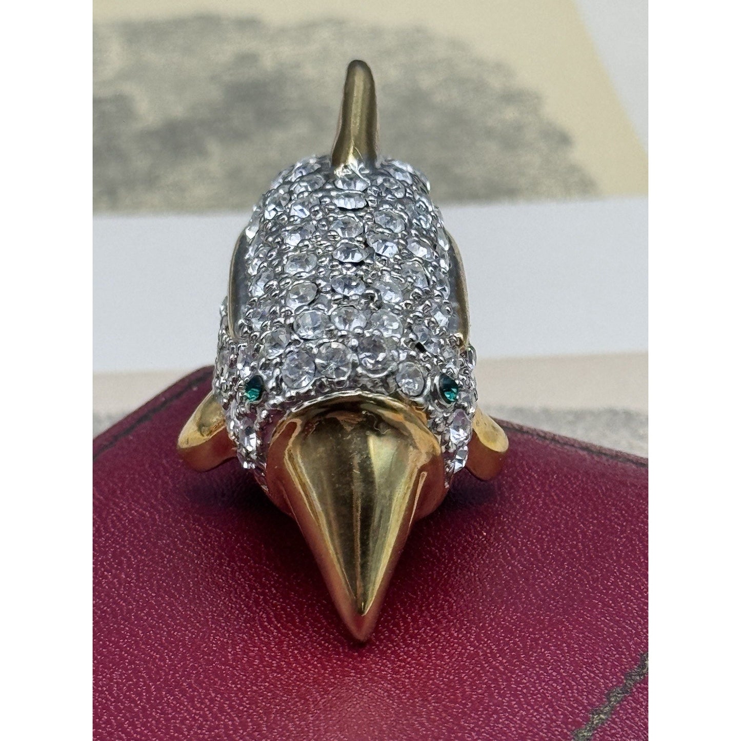 Shoulder Brooch Dolphin Rhinestone Goldtone Pavé Crystal Figural 3.75” VINTAGE