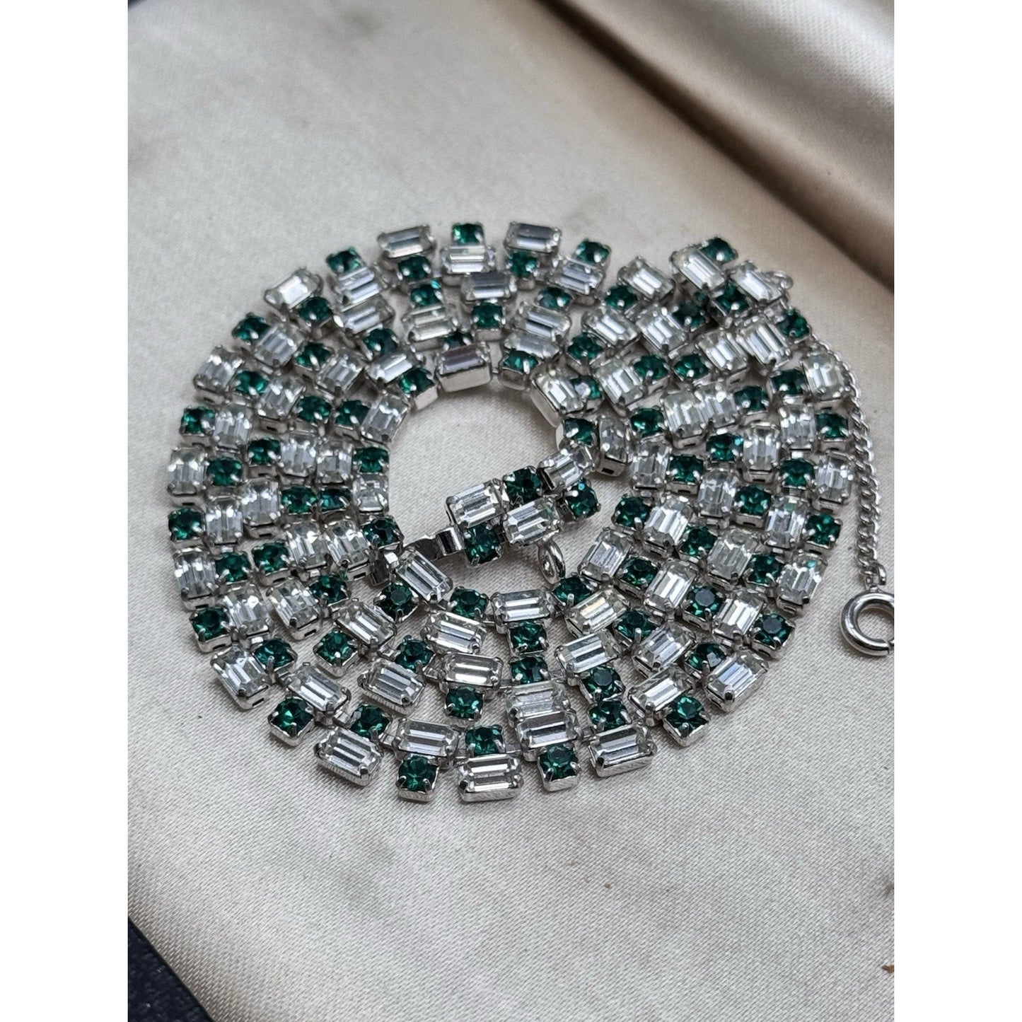 Schoffel Austria Necklace Green Clear Rhinestone Signed Vintage 15.5”
