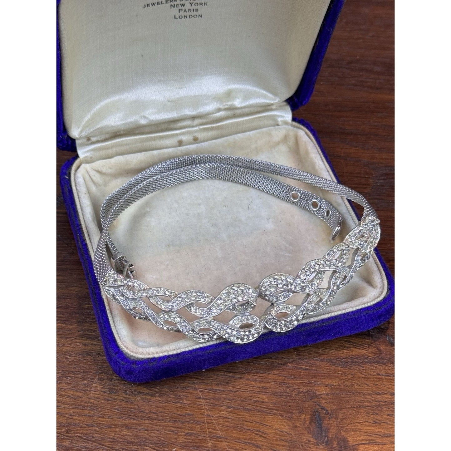 Vintage Rhinestone Collar Necklace Silvertone Mesh Art Deco Style Statement 14”