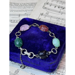Vintage Silvertone Scarab Bracelet Glass Cabochon Scarabs 7.25” Safety Chain