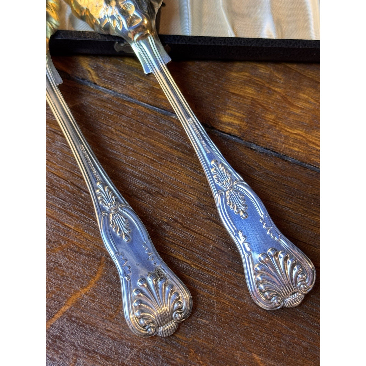 Silverplate Salad Tongs Sheffield Gold Wash Fruit Kings Crown Cased 9”