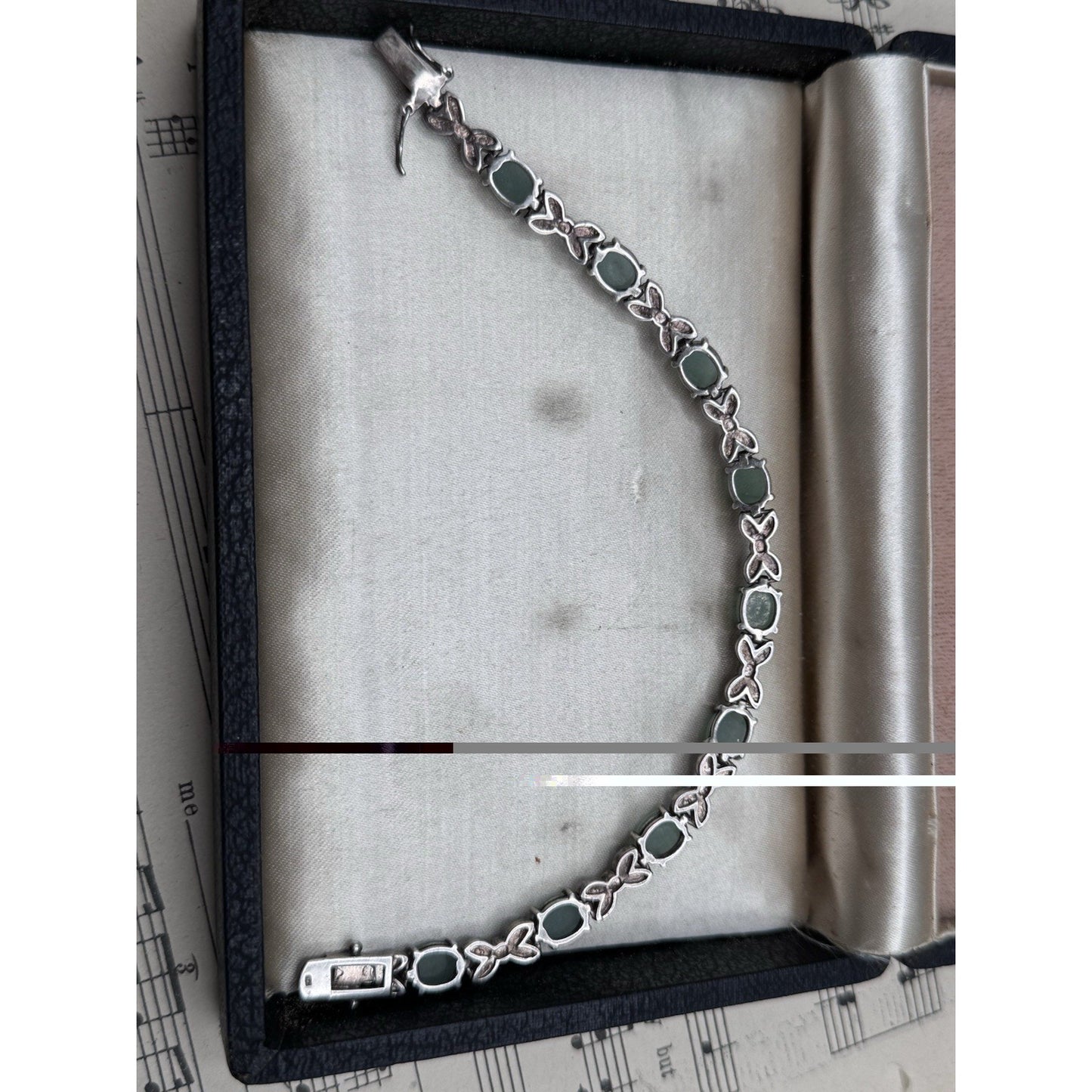 Sterling Bracelet Marcasite Green Cabochon Link 7.75” MISSING Marcasite‼️