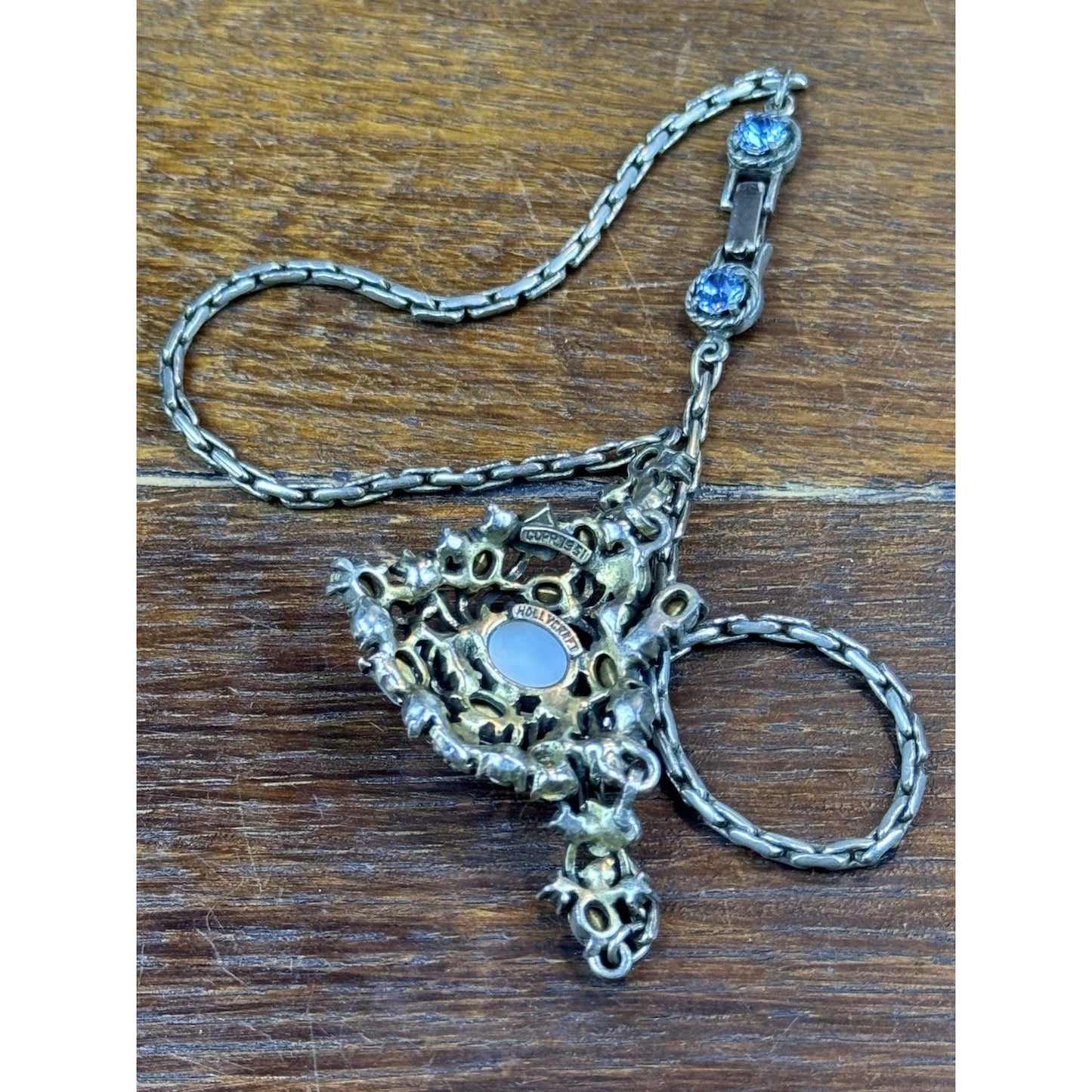 Vintage Hollycraft Necklace 1951 Blue Rhinestone Heart Easter Egg Silvertone 16”