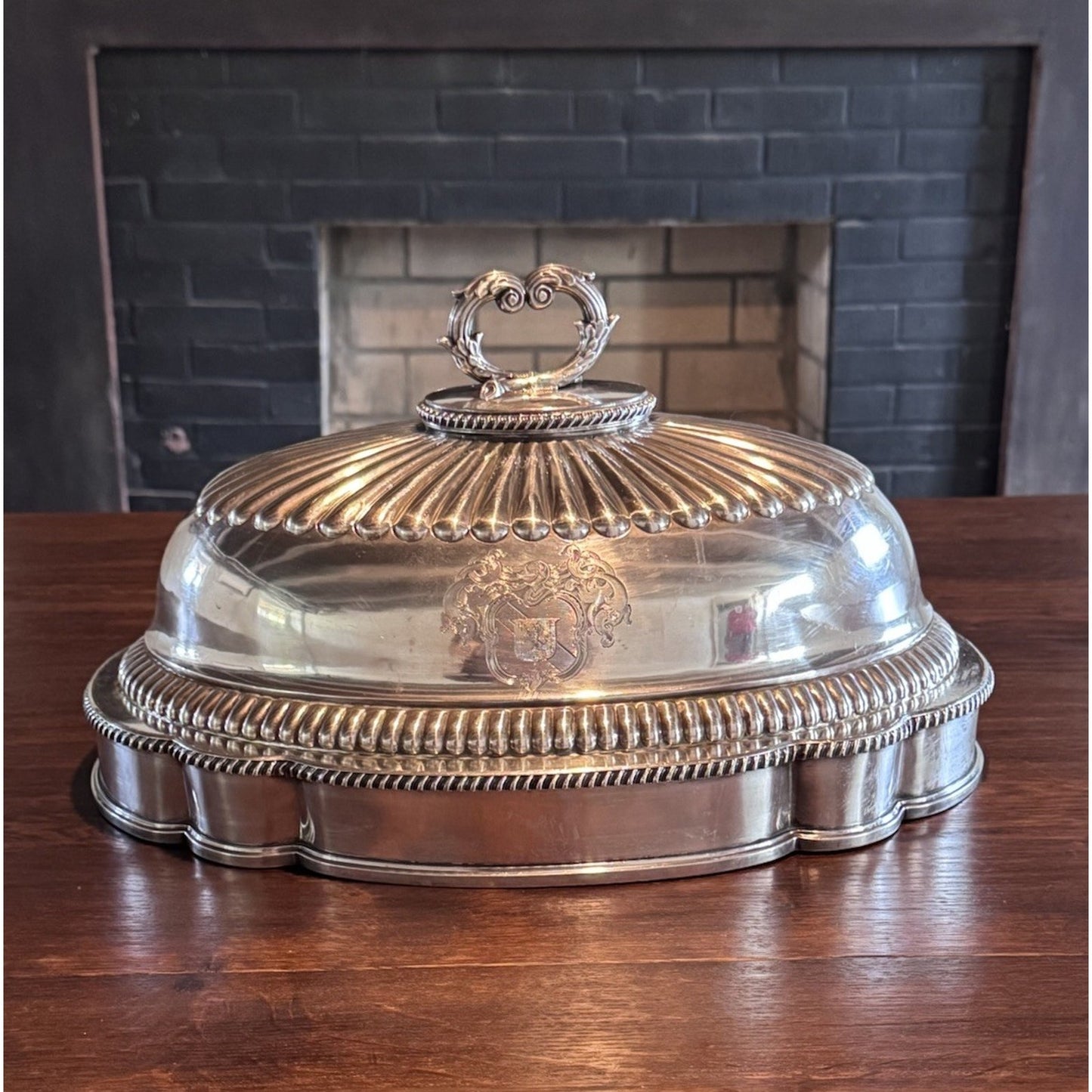 Antique Sheffield Silver Plate Food Dome with Heraldic Engraving