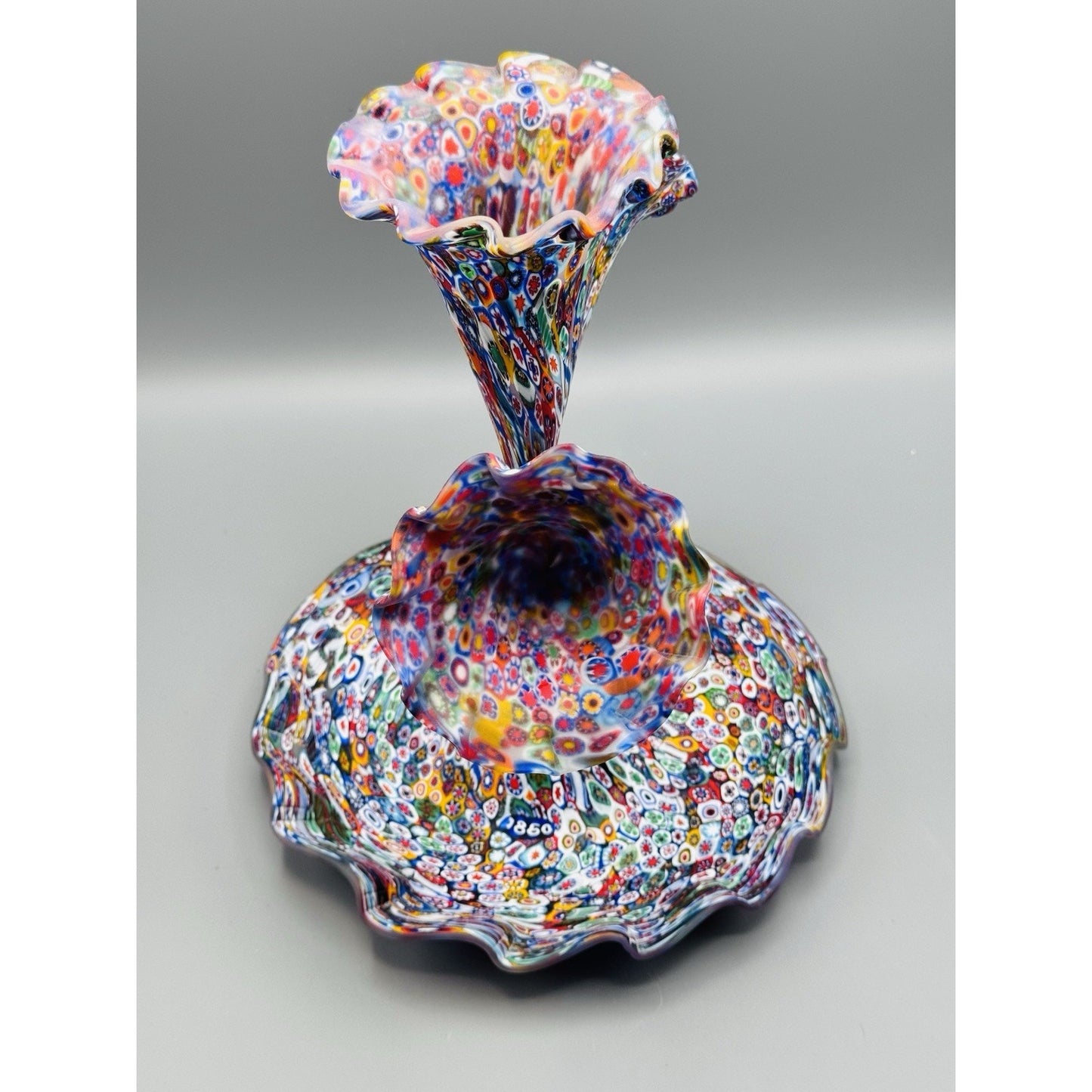 Murano Millefiori Epergne Art Glass 3 Horn Centerpiece Vase 1860 Cane 11.5”