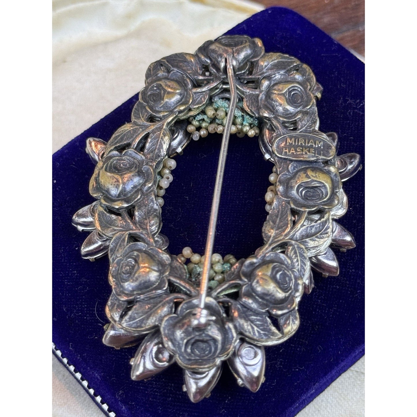 VTG Miriam Haskell Brooch Rhinestone Seed Pearl Floral Wreath Signed 3” READ‼️