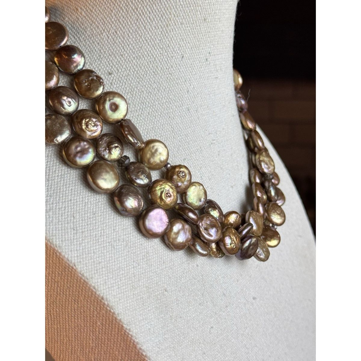 Silpada Bronze Coin Pearl Necklace 3 Strand Sterling Silver 11mm Extender 18”