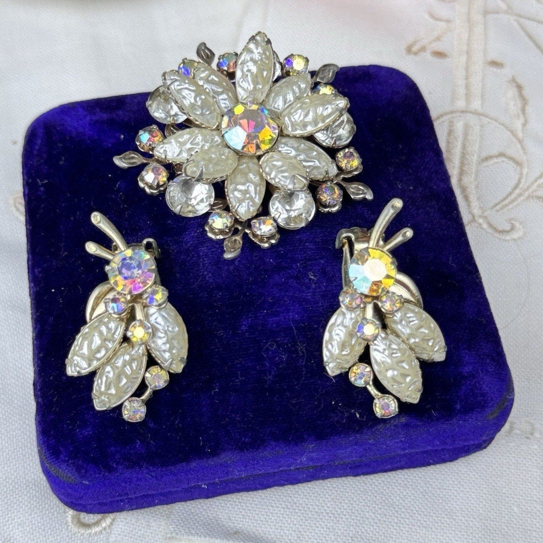 Brooch Clip Earrings Demi Parure Set Vintage Faux Pearl AB Rhinestone Floral