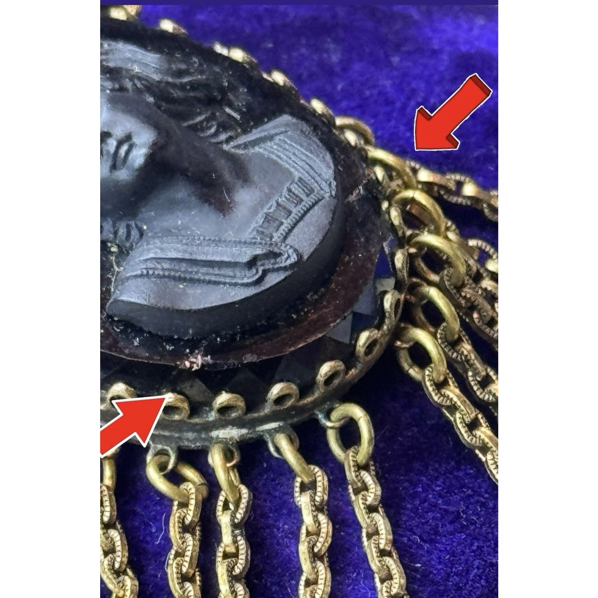 Black Cameo Brooch B Blumenthal & Co Goldtone Dangle Fringe 3.75” DAMAGED!